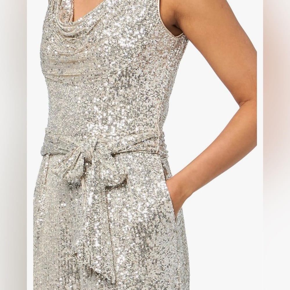 NWT Vince Camuto Silver Sequin Cowl Neck Sleeveless Tie Waist Wide Leg Jumpsuit - Picture 4 of 16